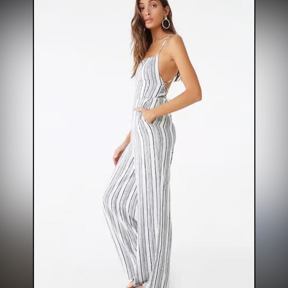 Nwt Forever 21 Criss Cross Tie Back Jumpsuit Stripes Small Linen Cotton - Picture 2 of 5